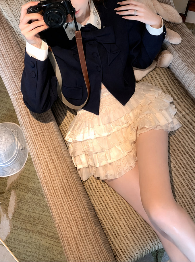 リボンタイ付き クロップド丈 ネイビージャケット
