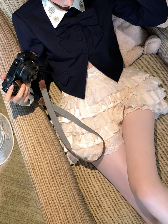 リボンタイ付き クロップド丈 ネイビージャケット