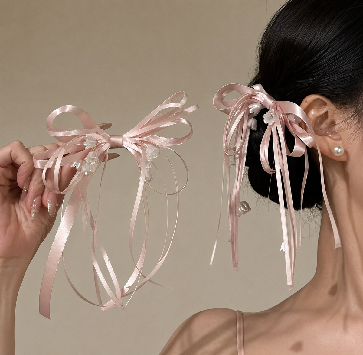 ラグジュアリーラインストーン ロングリボンヘアクリップ