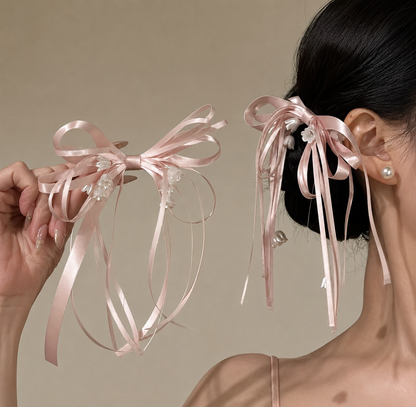 ラグジュアリーラインストーン ロングリボンヘアクリップ