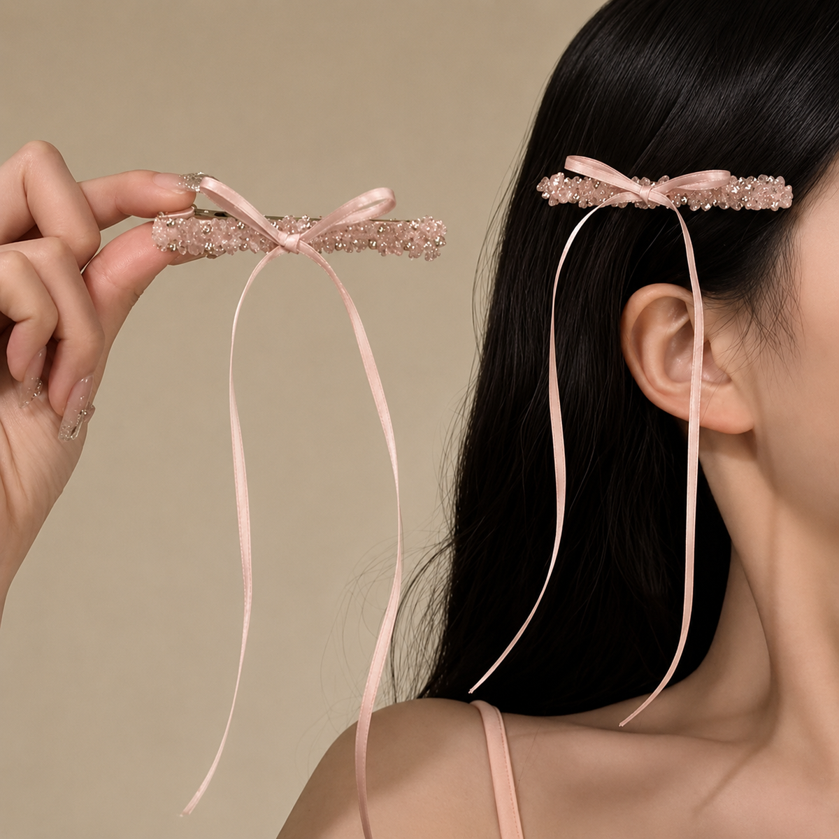 ラグジュアリーラインストーン ロングリボンヘアクリップ