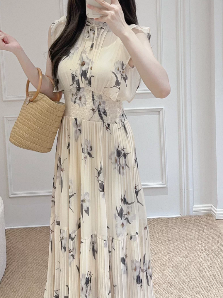 水彩花柄フリルスリーブ・プリーツロングワンピース