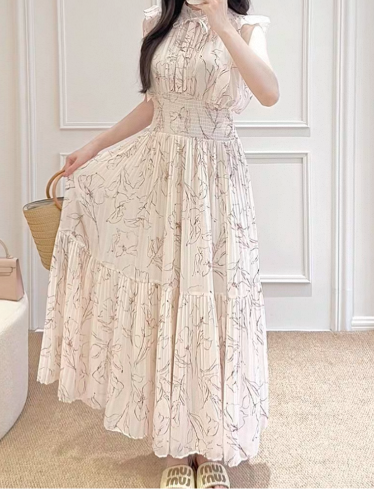 水彩花柄フリルスリーブ・プリーツロングワンピース