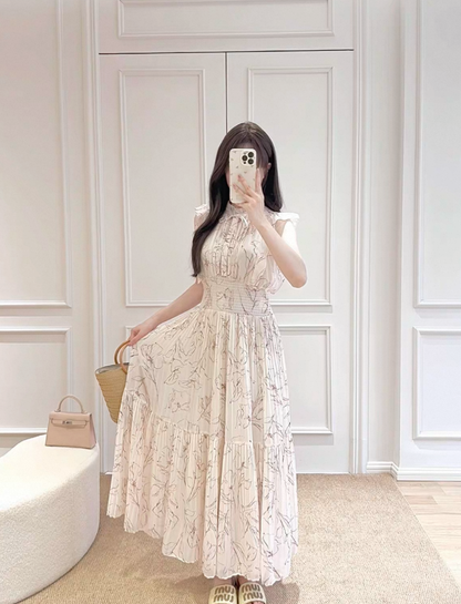 水彩花柄フリルスリーブ・プリーツロングワンピース