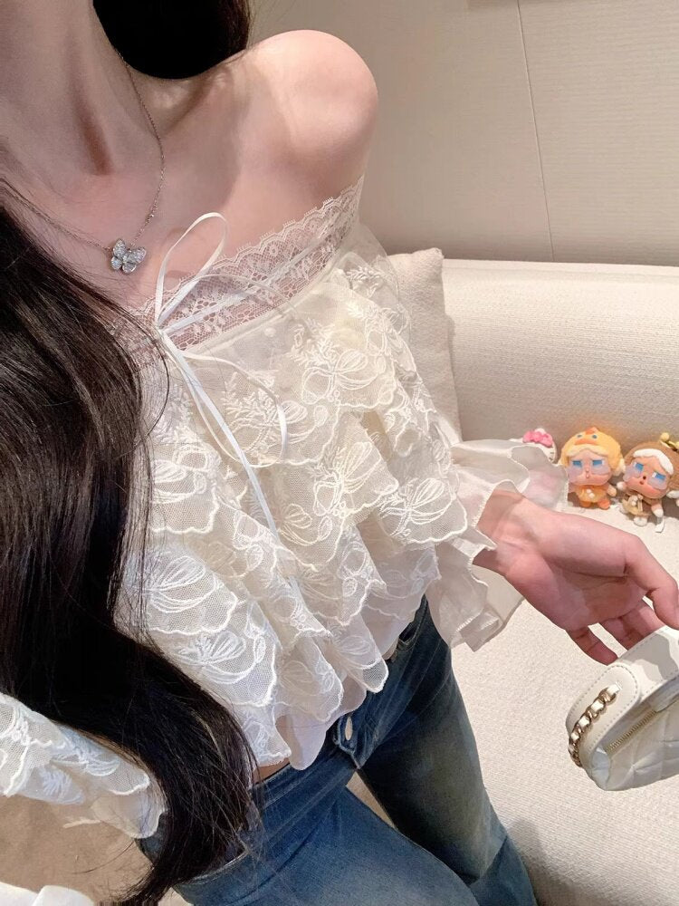 フリル花柄レース オフショルダー シフォンブラウス