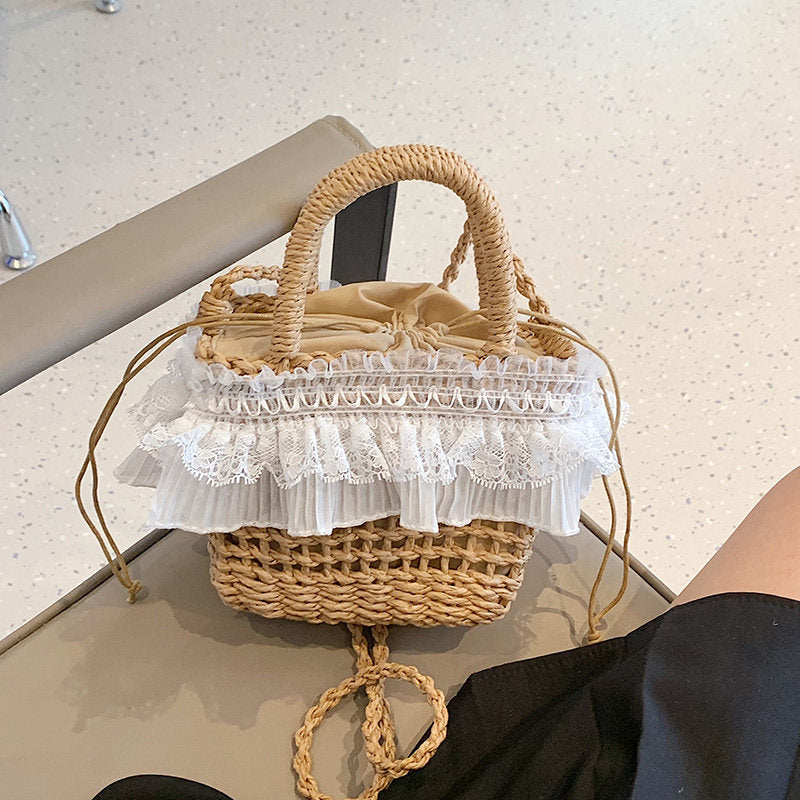レースフリル ストローバケツバッグ 2WAY ショルダーバッグ