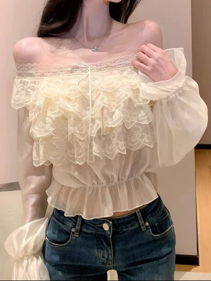 フリル花柄レース オフショルダー シフォンブラウス