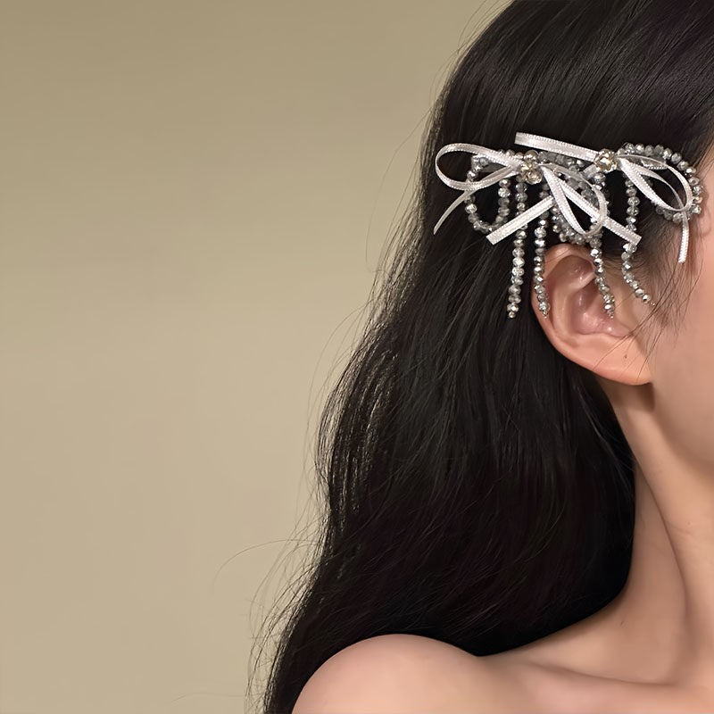 ラグジュアリーラインストーン ロングリボンヘアクリップ