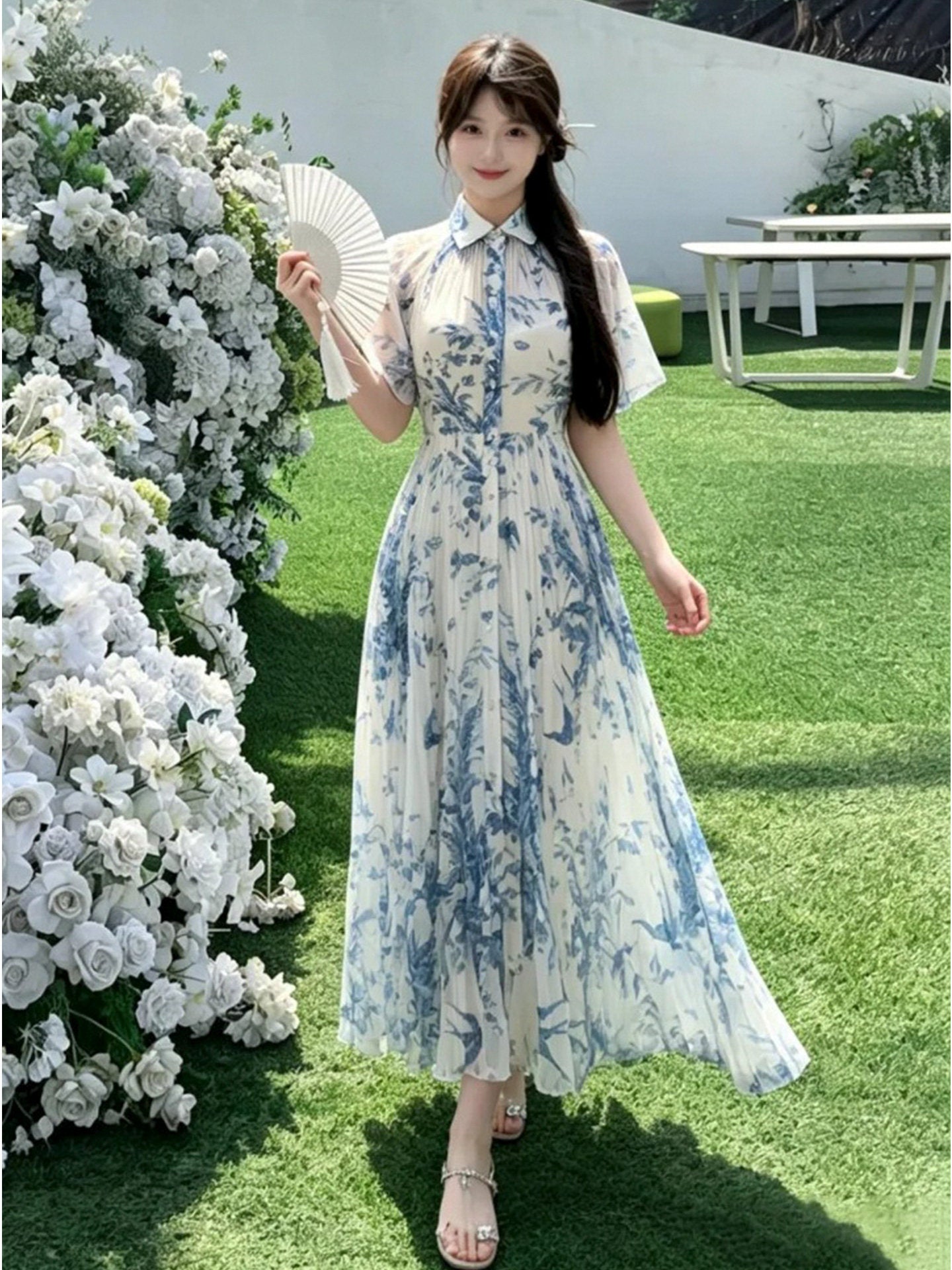 ノーブル・インクフローラルプリーツワンピース