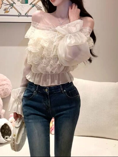フリル花柄レース オフショルダー シフォンブラウス