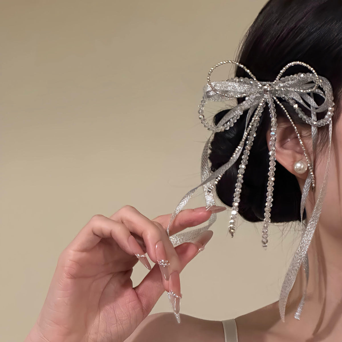 ラグジュアリーラインストーン ロングリボンヘアクリップ