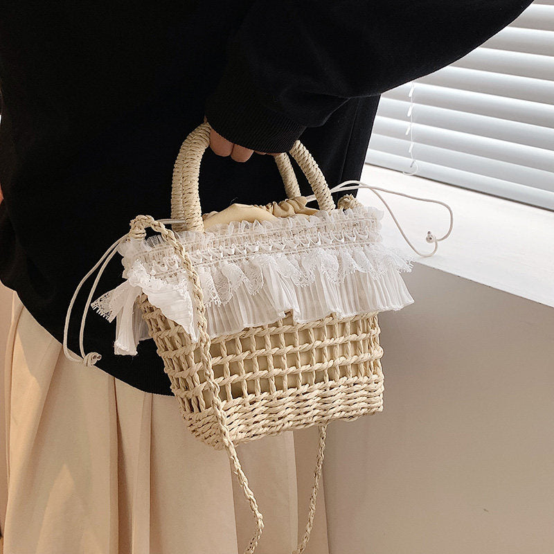レースフリル ストローバケツバッグ 2WAY ショルダーバッグ