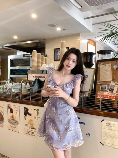 ラベンダーフローラル・フリルミニワンピース