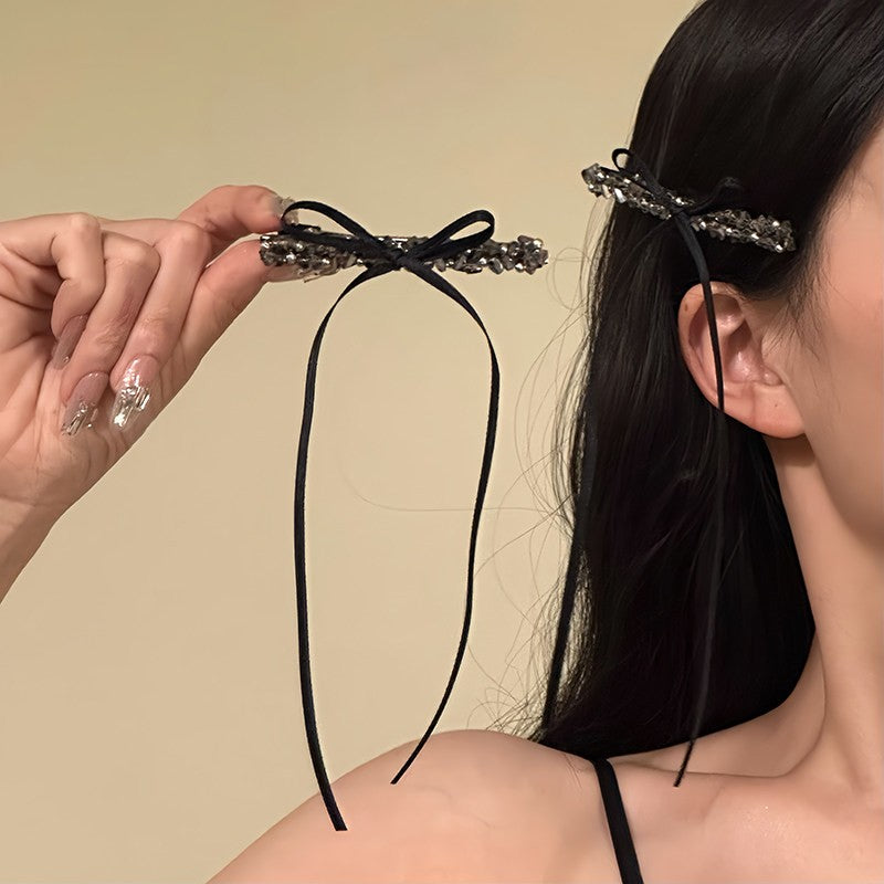 ラグジュアリーラインストーン ロングリボンヘアクリップ
