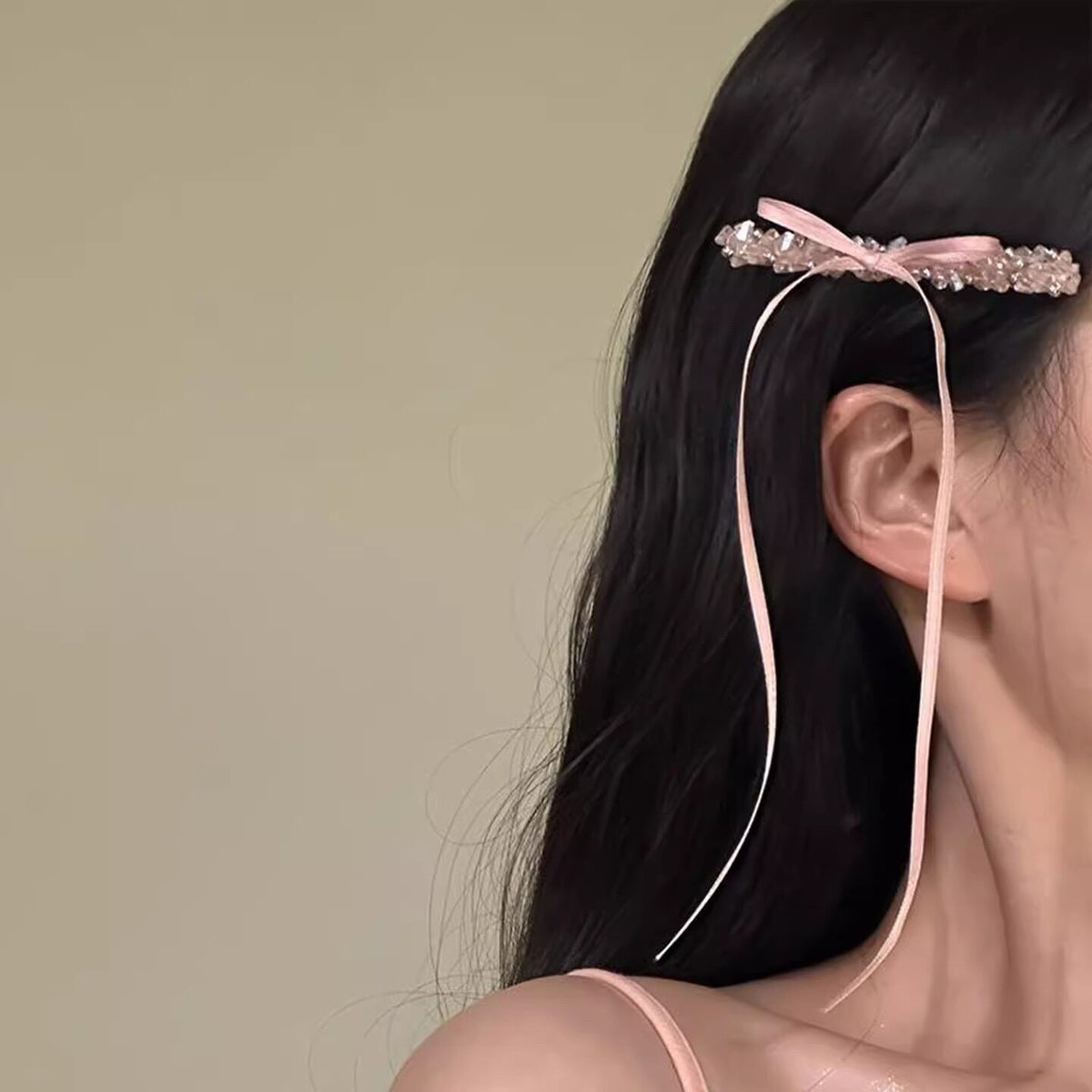 ラグジュアリーラインストーン ロングリボンヘアクリップ