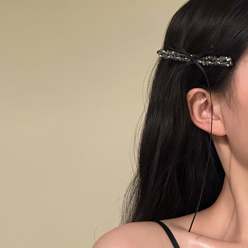 ラグジュアリーラインストーン ロングリボンヘアクリップ