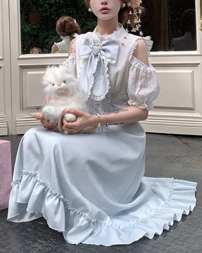アイスブルー・リボンフリルドレス