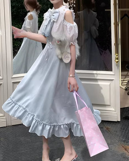 アイスブルー・リボンフリルドレス