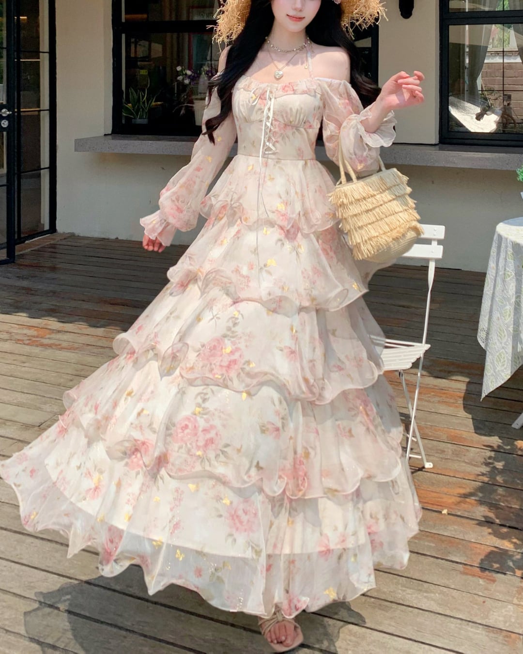 オータムフラワー・ティアードロングドレス