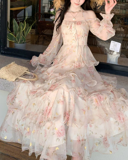 オータムフラワー・ティアードロングドレス