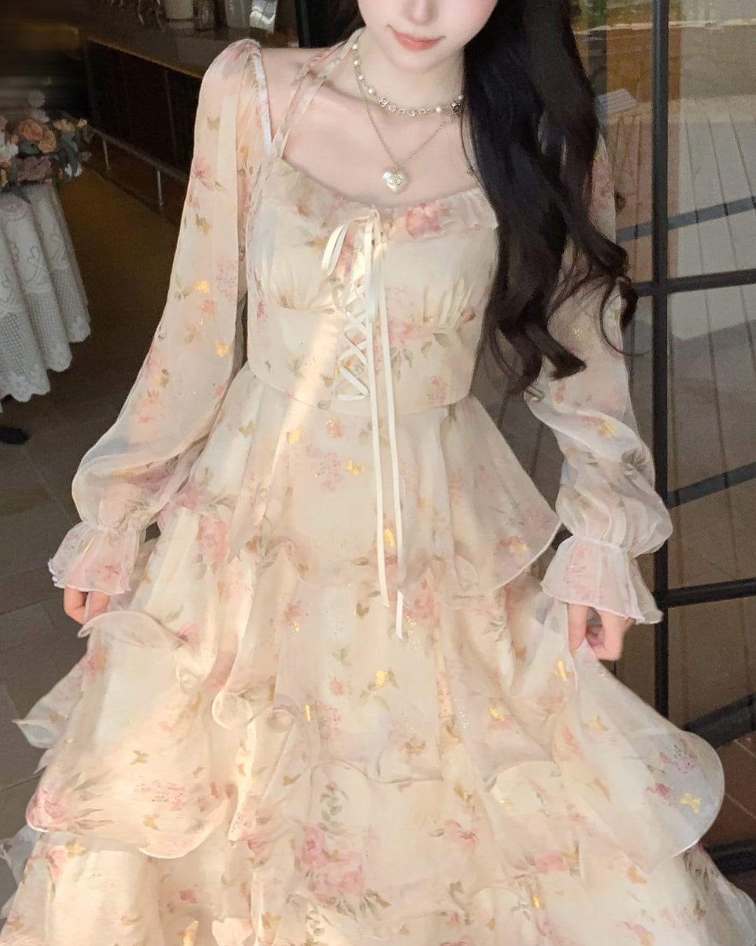 オータムフラワー・ティアードロングドレス