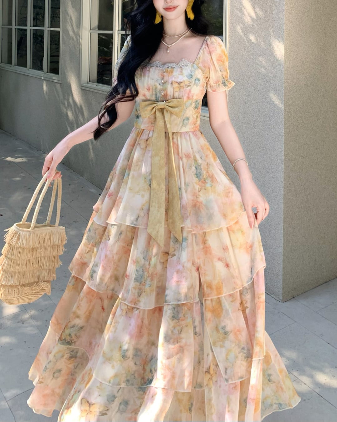 水彩フラワー・フレンチティアードドレス