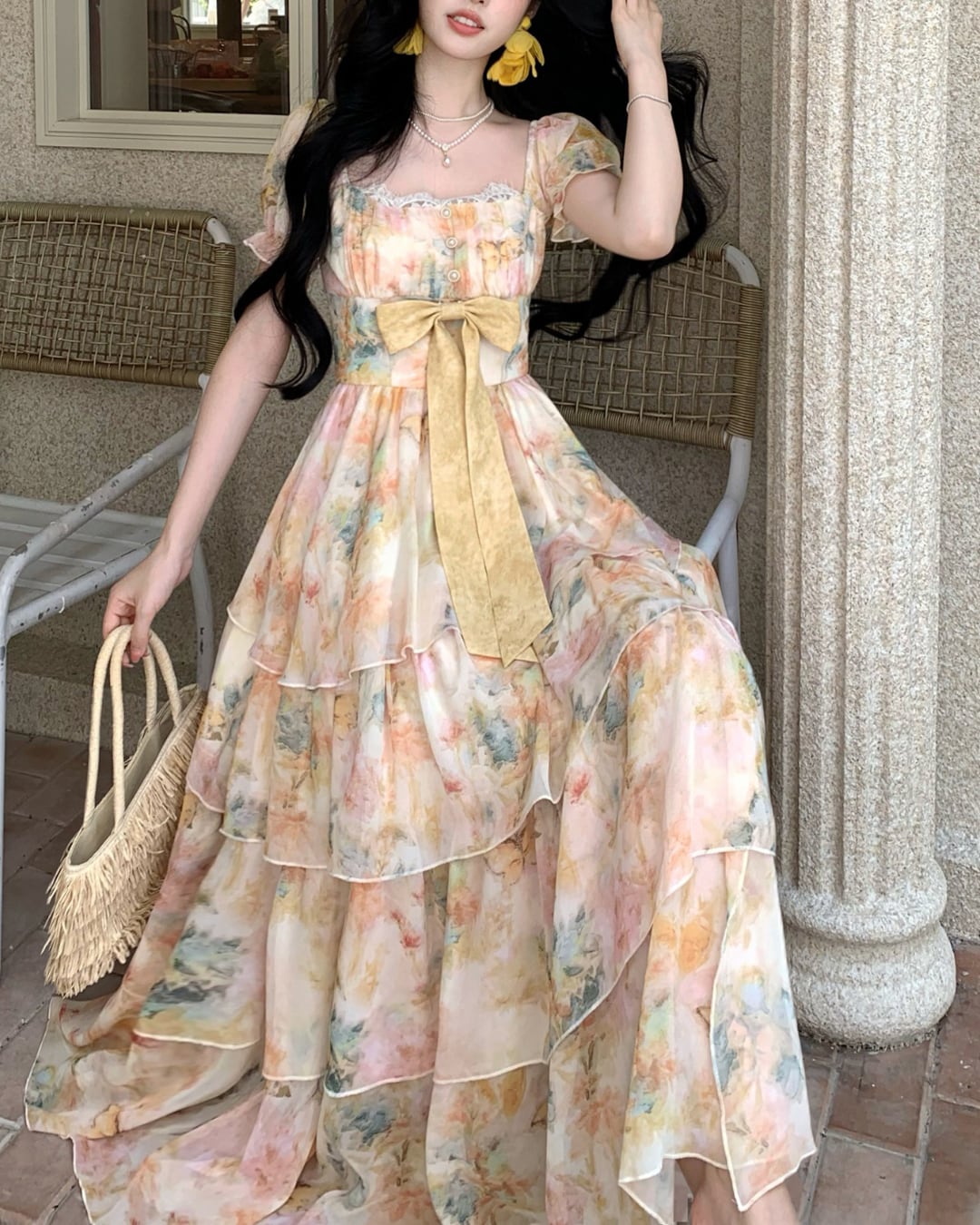 水彩フラワー・フレンチティアードドレス