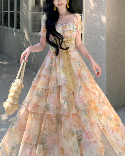 水彩フラワー・フレンチティアードドレス