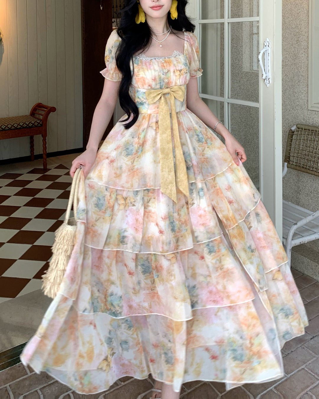水彩フラワー・フレンチティアードドレス