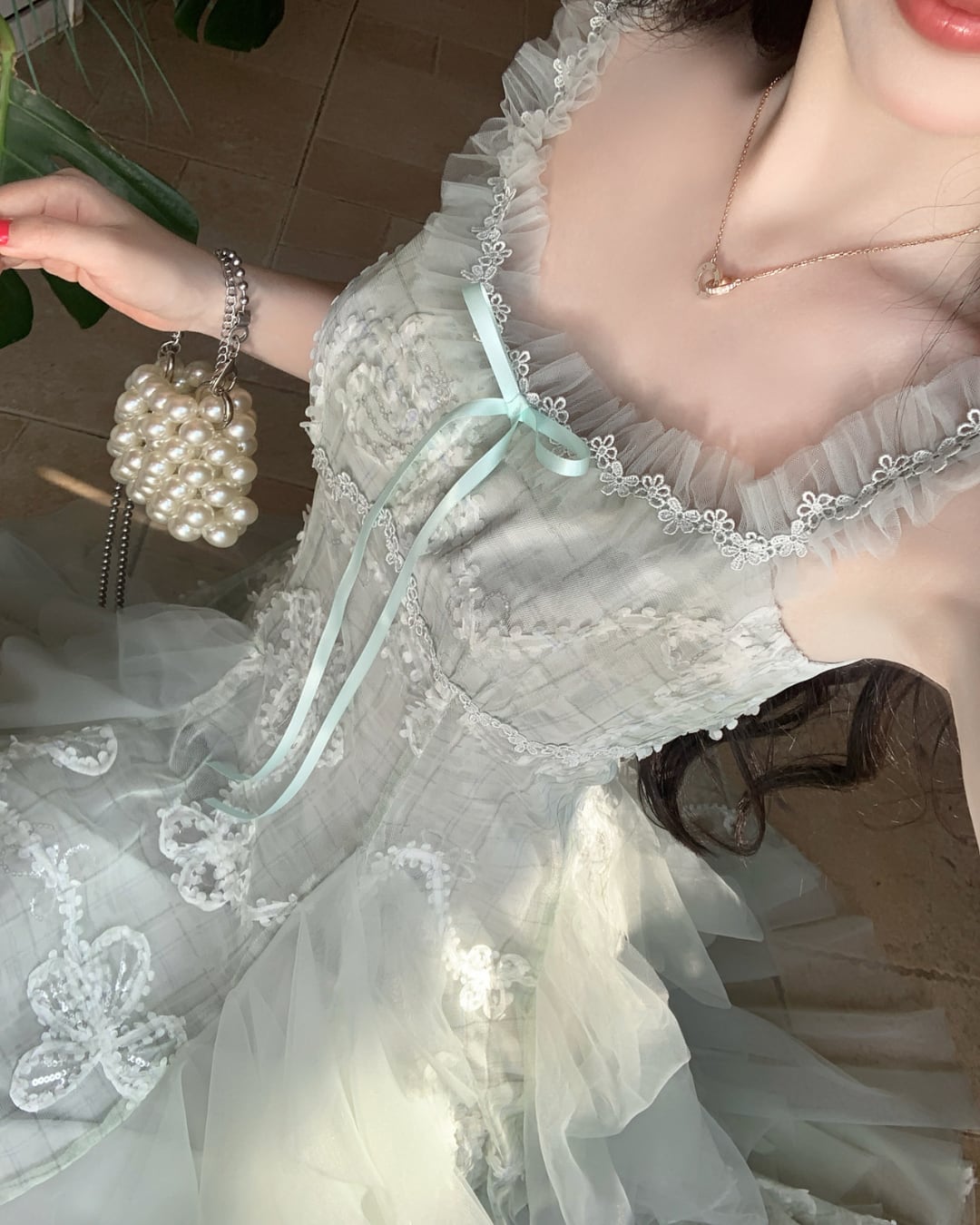 ミントフルール・パール刺繍ロングドレス