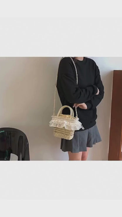 レースフリル ストローバケツバッグ 2WAY ショルダーバッグ