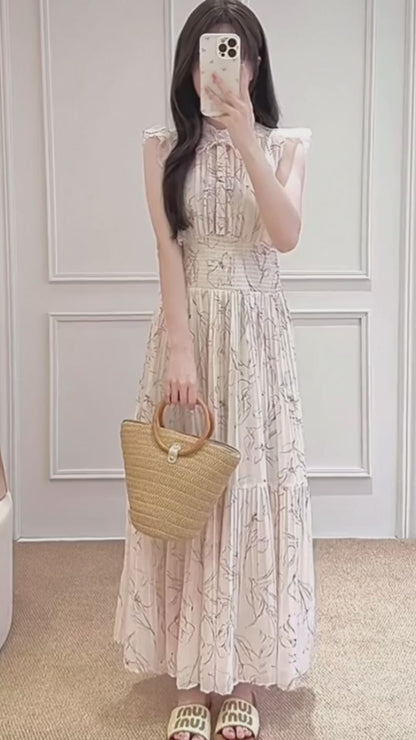 水彩花柄フリルスリーブ・プリーツロングワンピース