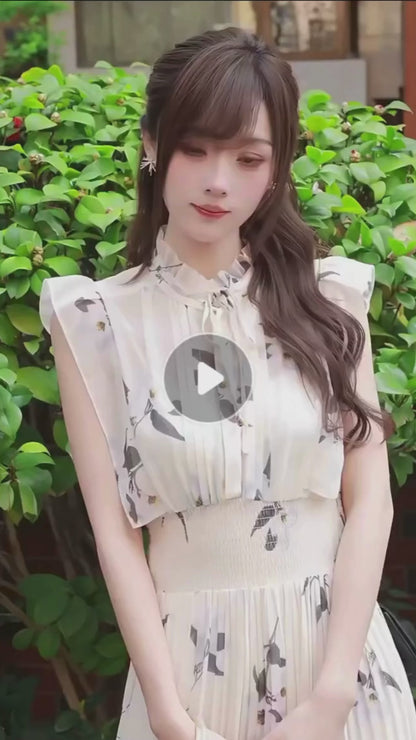 水彩花柄フリルスリーブ・プリーツロングワンピース